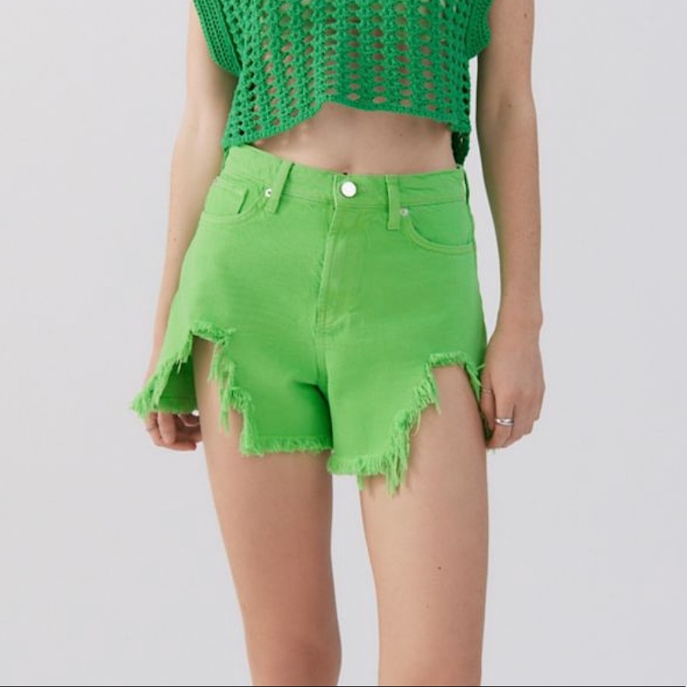 NWT UO Cut-out Thigh Lime Green Denim Frayed Shorts
